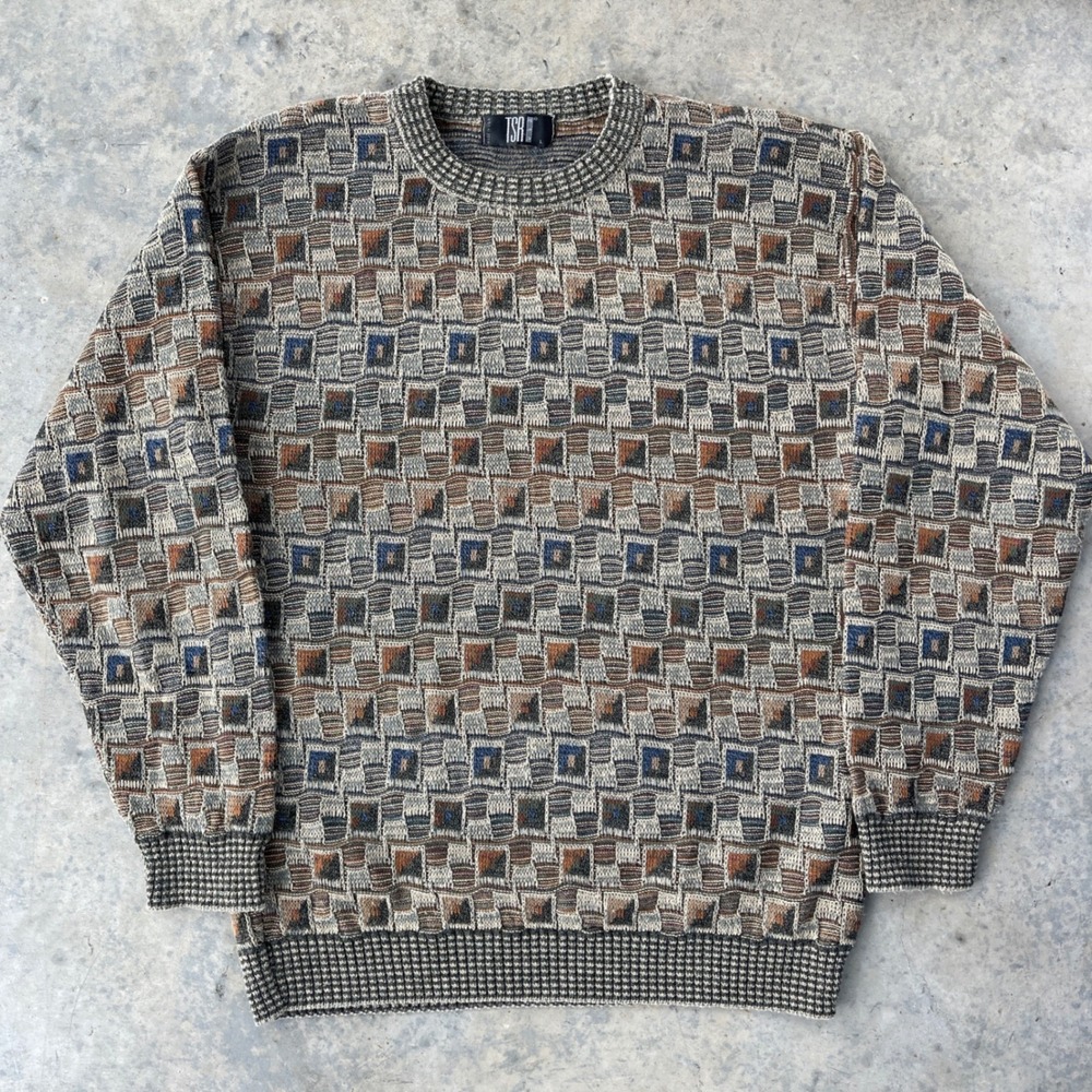 TSR USA Sweater Mens Large Multi Color Geometric 3D Knit Vintage Made in USA